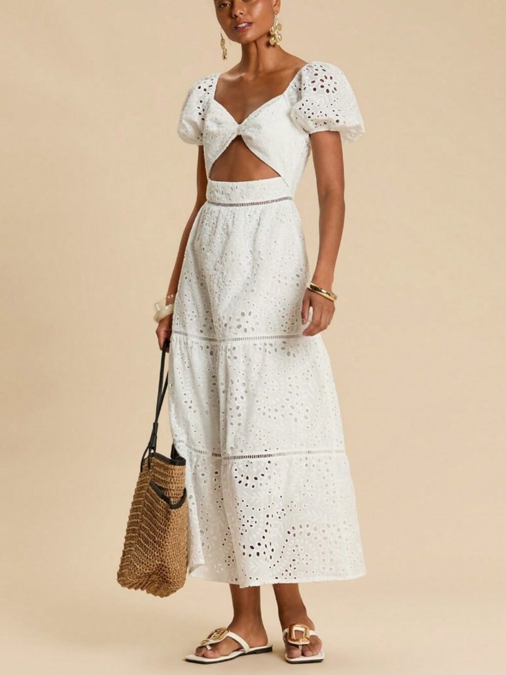 White Boho Women's Embroidered Twist Ruched Long Dress - Picture 4 of 7